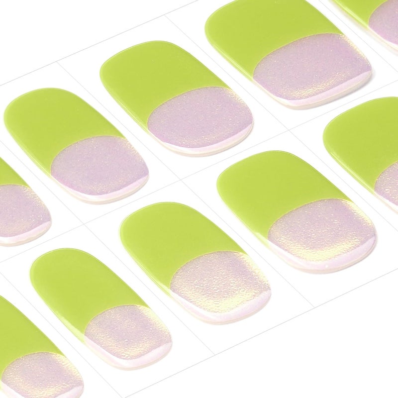 DANNI & TONI Semi Cured Gel Nail Strips Neon Green French Tips Aurora Gel Nail Wraps Mirror Nails 28 Stickers | Neon Petal - Image 4